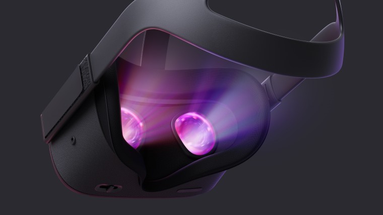 An Oculus headset with purple light rays coming out of the eye-holes