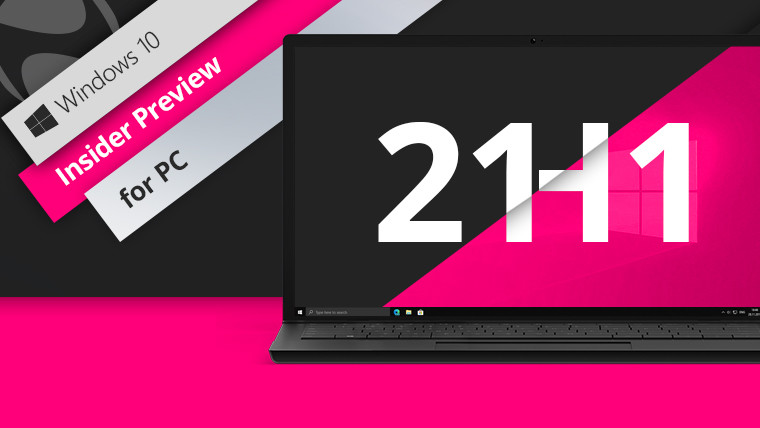 Windows 10 21H1 Insider Preview image with black laptop and pink background