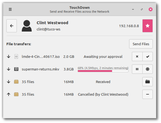 The file transfer window in Warpinator