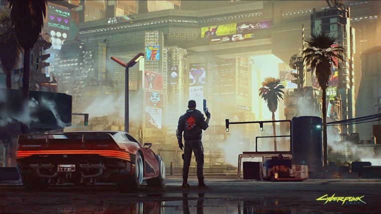 Cyberpunk 2077 concept art showing V and Night City