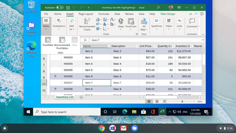 A Chrome OS device running the Windows 10 version of Excel inside Parallels Desktop