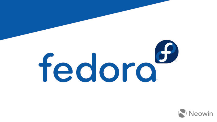 The Fedora logo on a blue and white background