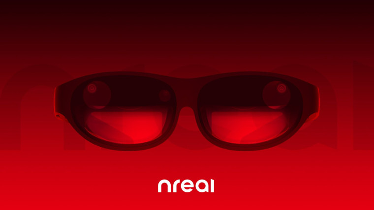 The Nreal Light glasses on a red and black background