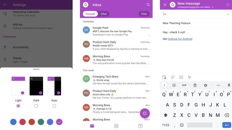 Three screenshots of the Outlook app on Android using a pink theme