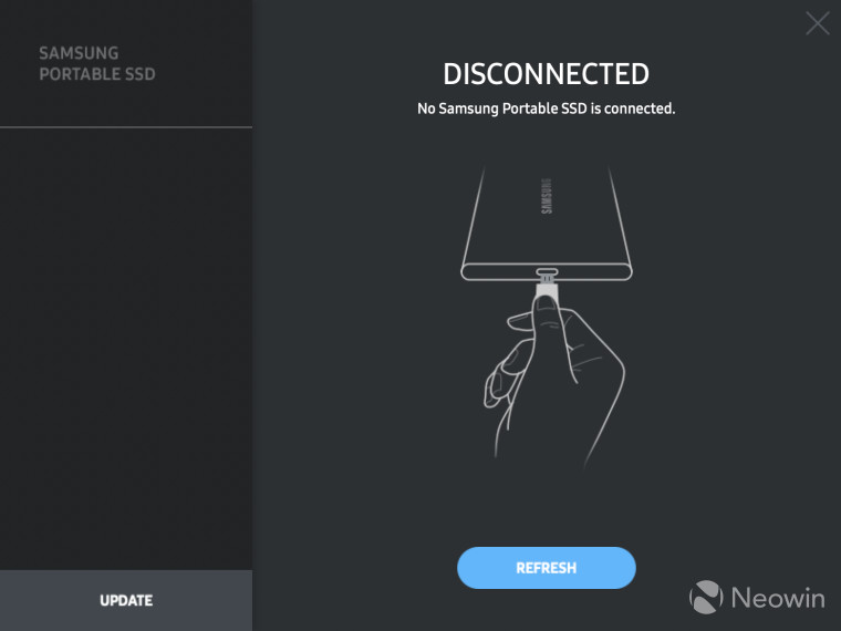 Samsung Touch T7 app showing SSD disconnected