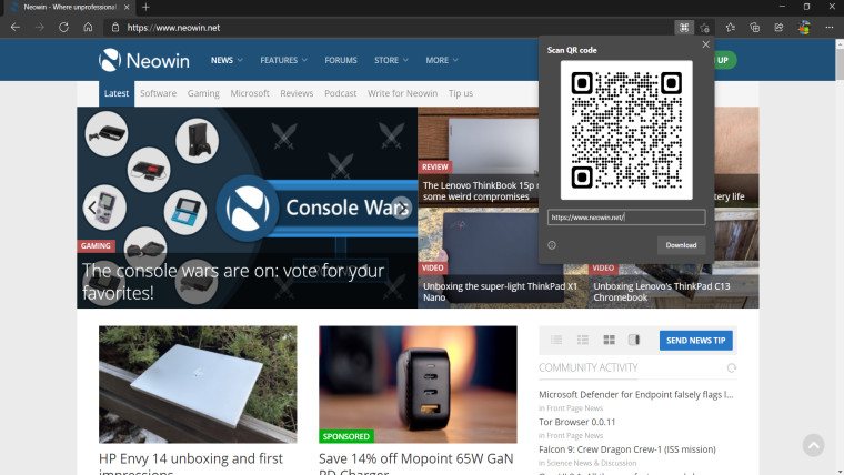 Neowin.net on Microsoft Edge showing the QR code feature