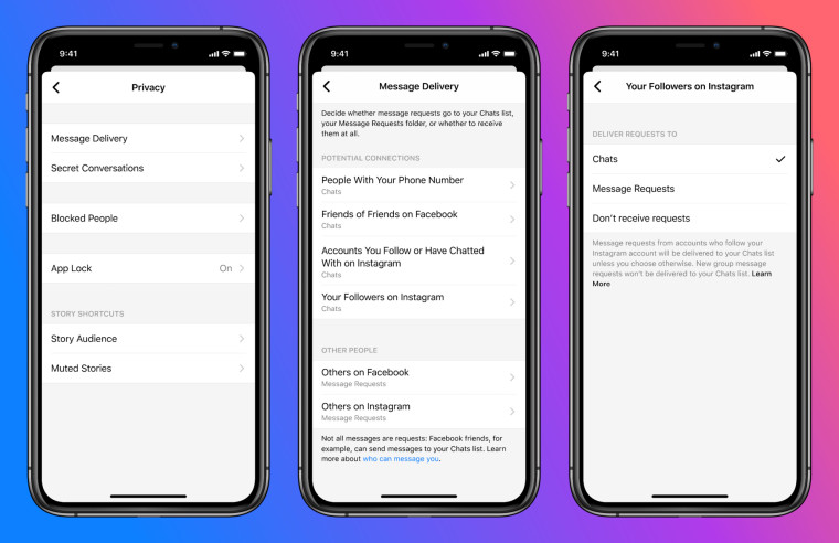 Three screenshots of the Messenger app on iOS showing the privacy settings and other controls of unw