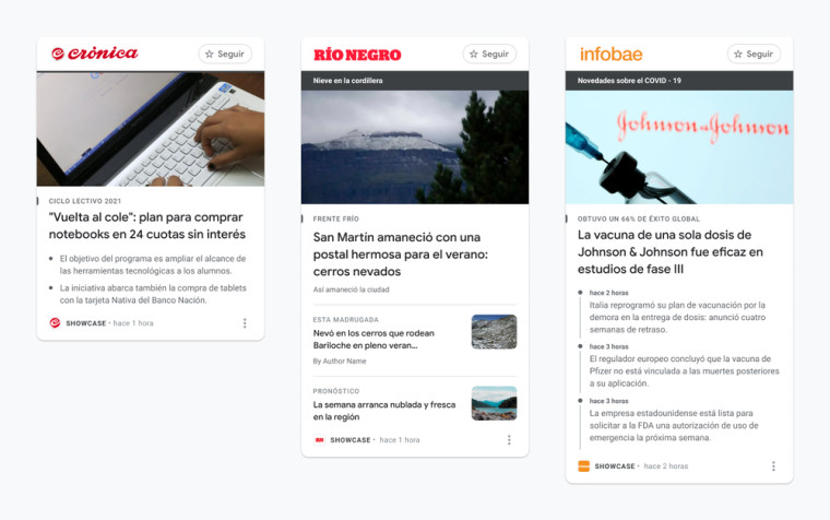 Google News Showcase with story panels from Crónica, Diario Río Negro, and Infobae