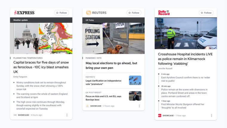Google News Showcase panels showing articles from the Daily Express, Reuters, and Daily Record