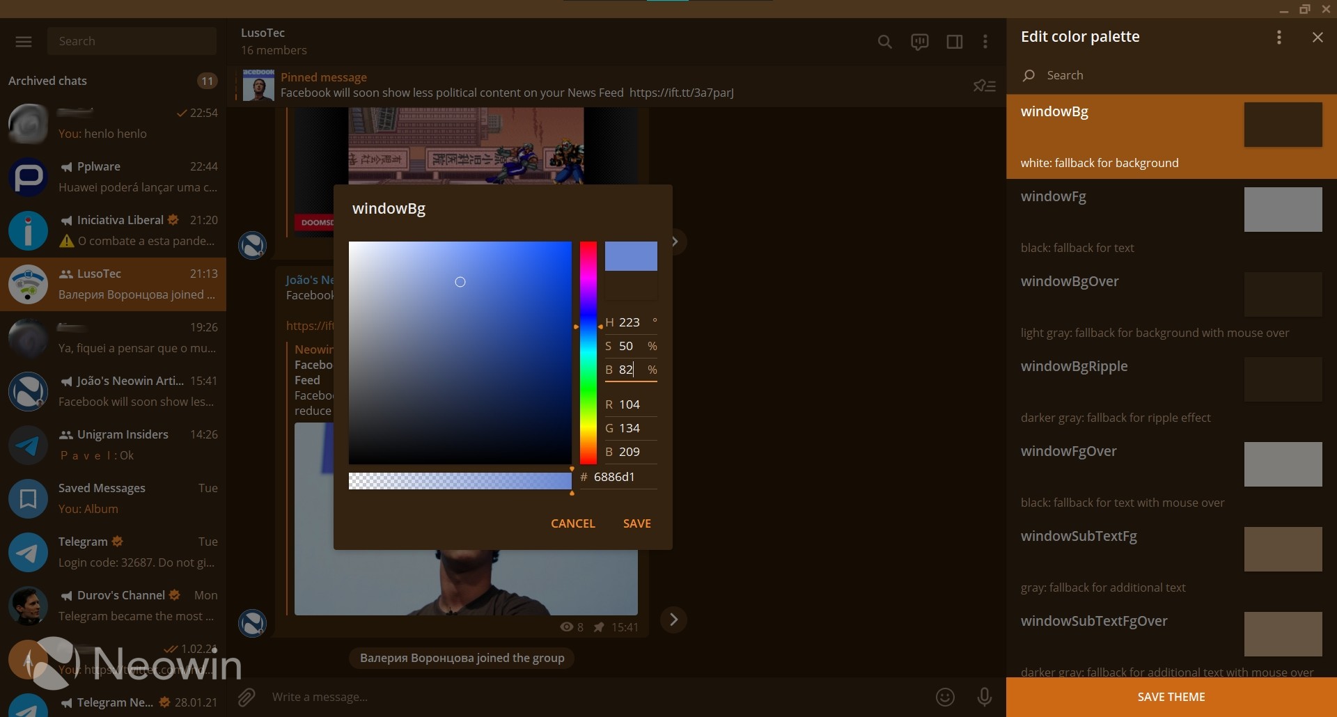 The color picker in Telegram Desktops theme creator