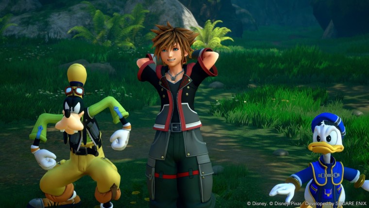 Kingdom Hearts 3 screenshot showing the protagonist with Disney characters