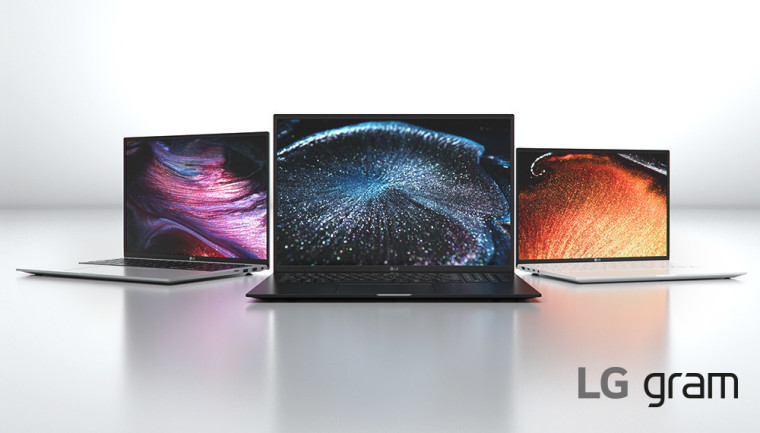Three LG gram laptops in silver, black, and white colors
