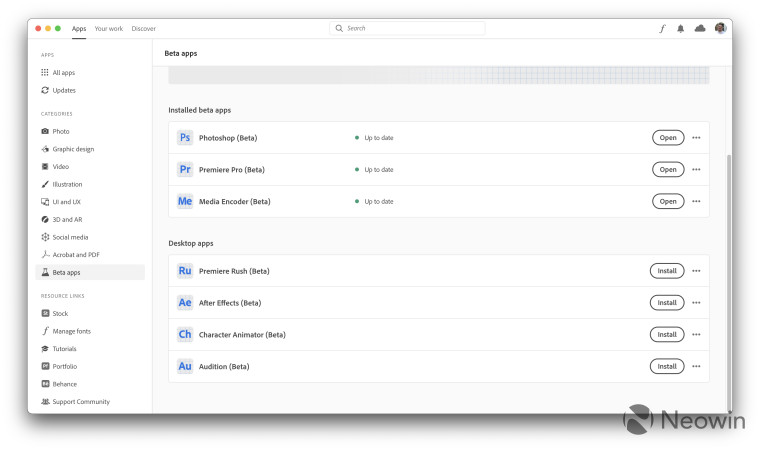 Screenshot of Adobe CC showing beta apps for Apple Silicon