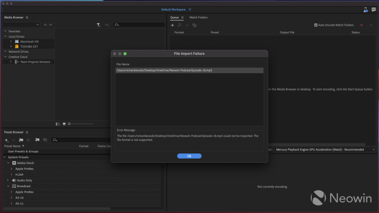 Screenshot showing MP3 as an unsupported format in Adobe Media Encoder