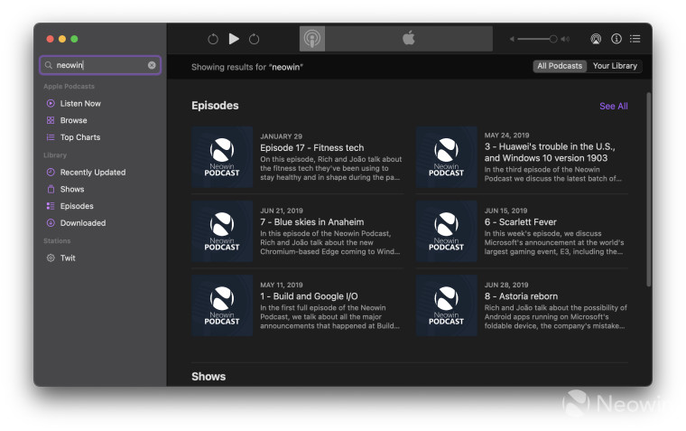 Apple Podcasts app on macOS showing Neowin Podcast