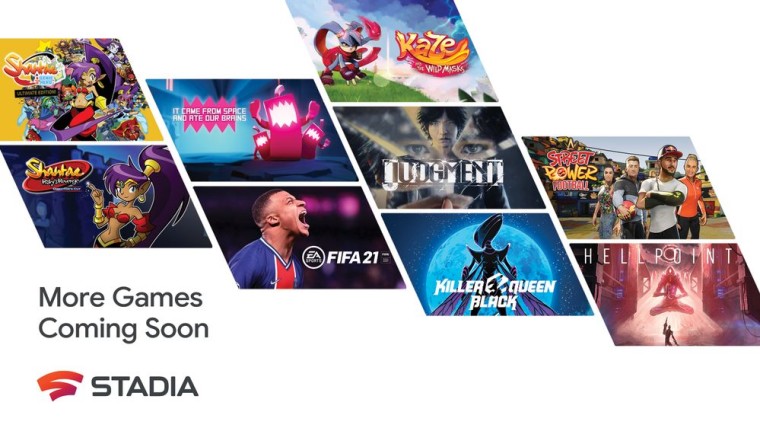 Posters of various games coming to Stadia such as FIFA 21 and Judgement