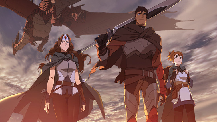 Image from Dota Dragons Blood anime showing Davion and rest of the main cast