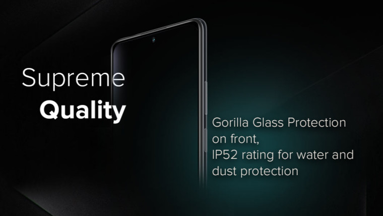 Redmi Note 10 front profile overshadowed by shades of black and emerald with mentions of IP52 rating