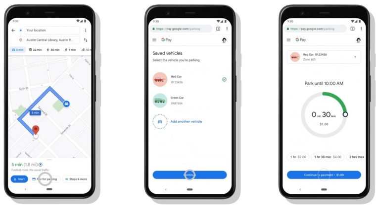 Screenshots showing the parking payment process in Google Maps