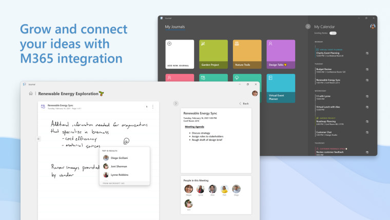 Grow and connect your ideas with M365 integration text with Journal and OneNote screenshots