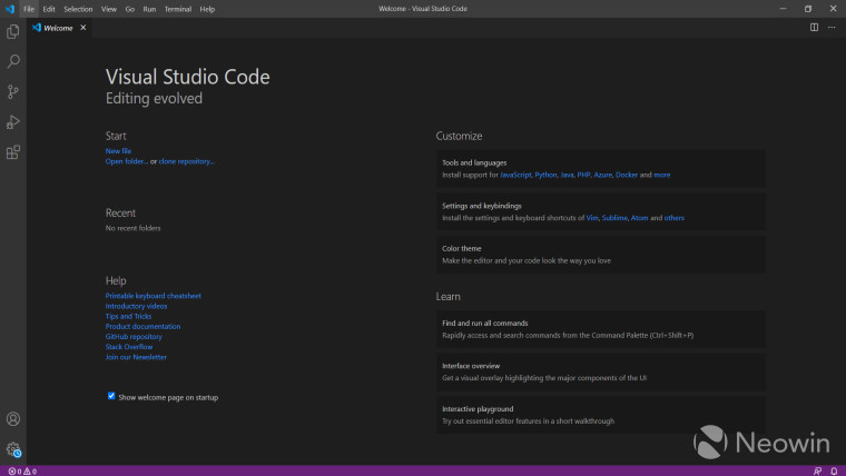 Bootup screen of Visual Studio Code