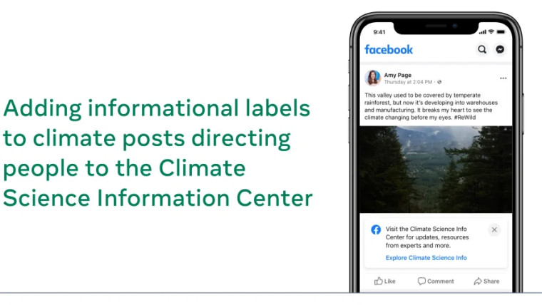 Screenshot of the Facebook app showing a Climate Science Information Center label below a post claim