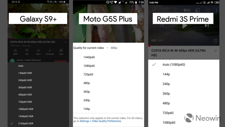 YouTube Android app screenshots from Samsung and Moto phones with resolution settings