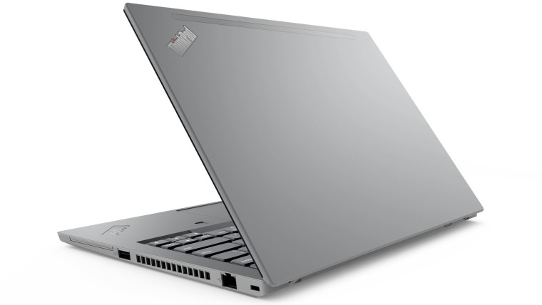 Lenovo ThinkPad T14, partially closed, in Storm Grey