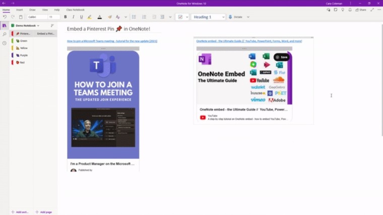 OneNote for Windows 10 showcasing two embedded Pinterest pins