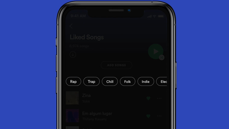 Spotify app on mobile showing the different mood and genre filters for liked songs