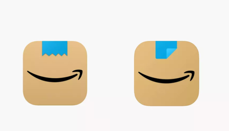 Old and new app icons for Amazon on left and right respectively