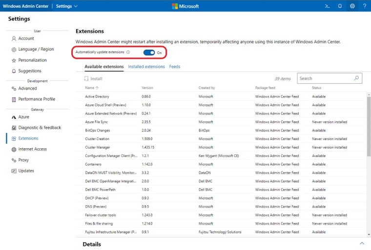Enabling automatic extension updates in Windows Admin Center