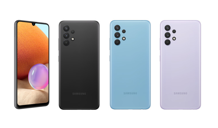 A row of the different variants of Samsung&039s Galaxy A32 in black blue and violet