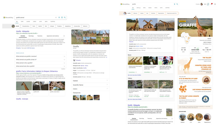Two Bing search results page showing off the new and the old layouts