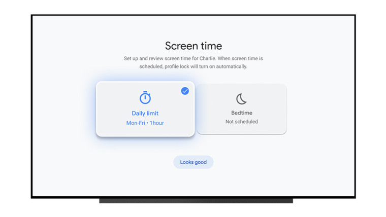 Google TV kids profiles screen time limit showing daily limit options