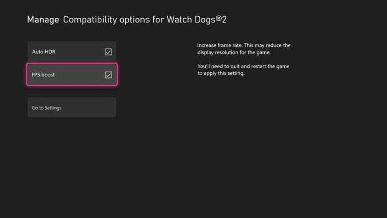 FPS Boost and Auto HDR toggles on an Xbox console