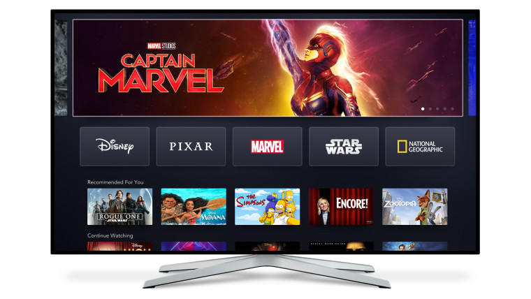 A smart TV with a carousel of Disney movies and shows such as Captain Marvel Rogue One Moana and mor