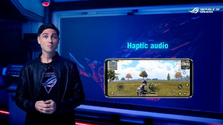 ROG Phone 5 display with the words Haptic audio above it