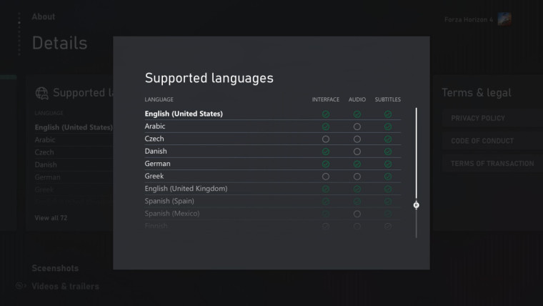 List of supported languages for Forza Horizon 4 on an Xbox console
