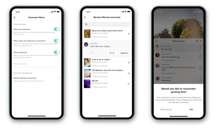 Screenshots of TikTok&039s new features like the ability to control comments and a popup that warns