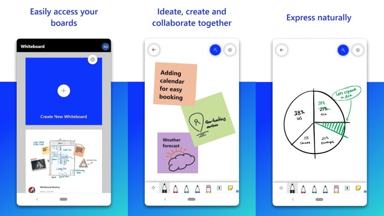 Three screenshots of Microsoft Whiteboard for Android