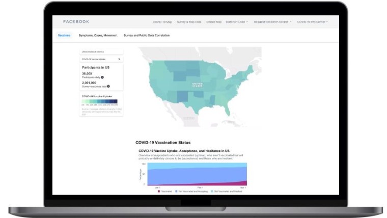 Facebook map showing the vaccination status and trends in the US