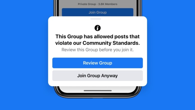 Warning about joining a Facebook group that has allowed violations of community standards