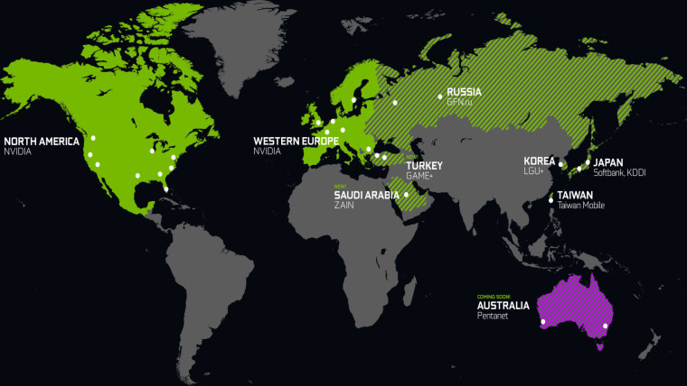 Map showing current new and upcoming regions where GeForce Now is available