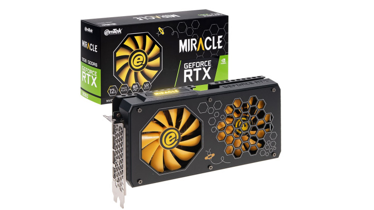 An RTX 3060 Miracle graphics card with its packaging box