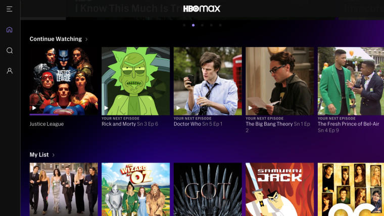 HBO Max home page with some featured titles like Justice League Rick and Morty Doctor Who and more