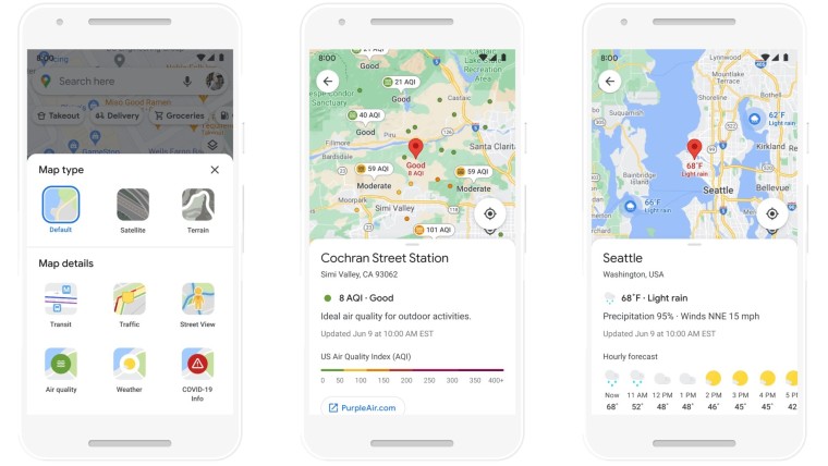 Weather and air quality layers in Google Maps on mobile devices