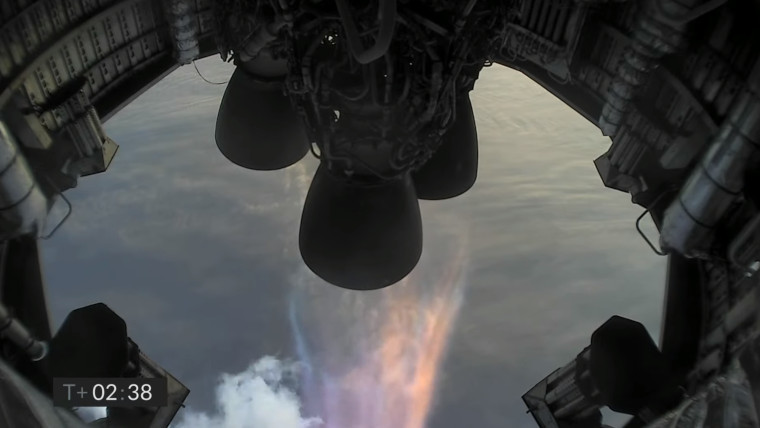Two of the three engines on Starship still firing