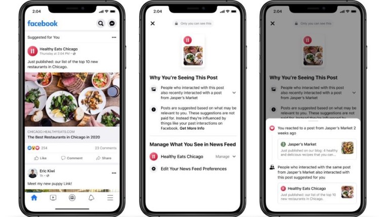 Facebook app displaying information about why a post is shown on the News Feed