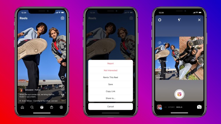 Three screenshots of Instagram&039s new feature in Reels called Remix that looks like TikTok&039s du